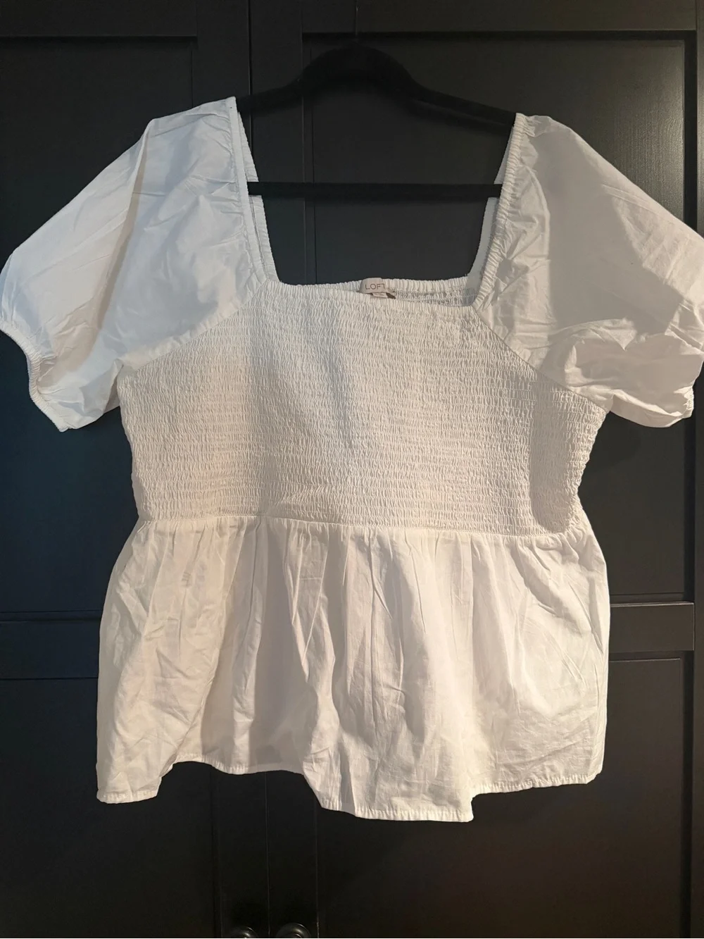 LOFT White Smocked Peplum Top with Square Neck